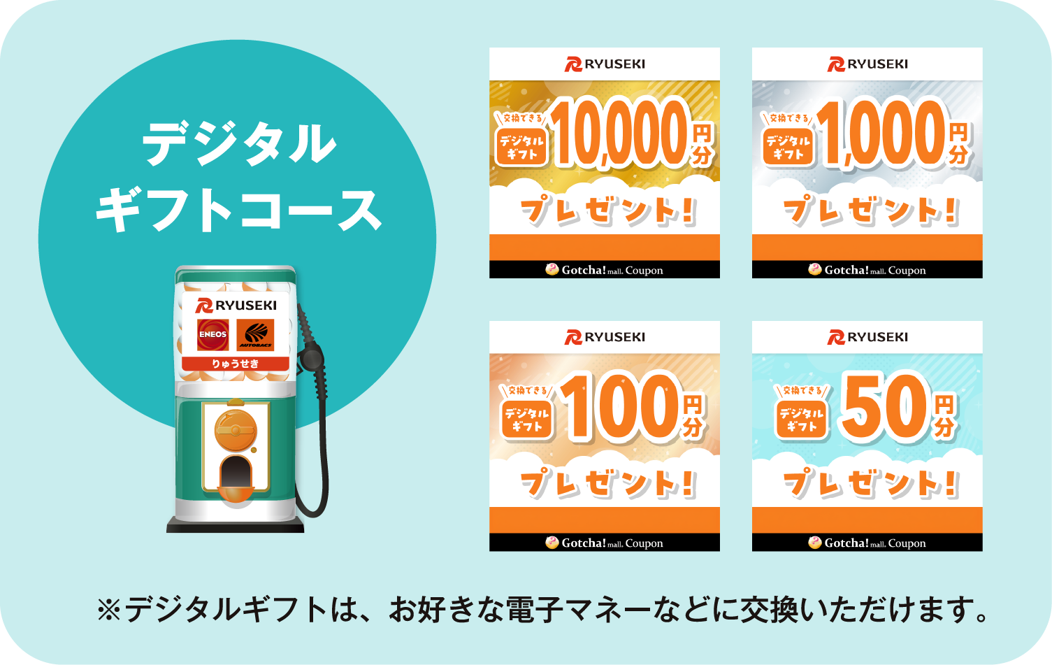 デジタルギフトコース。デジタルギフト10000円分、1000円分、100円分、50円分。デジタルギフトはお好きな電子マネーなどに交換いただけます。